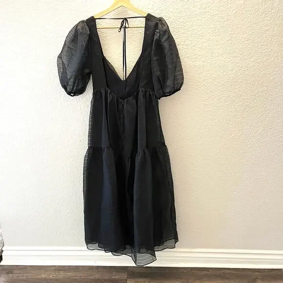 NWT Free People Hailey Puff Sleeve Sheer Midi Dress Black Size 12 $168 Romantic - Picture 10 of 11